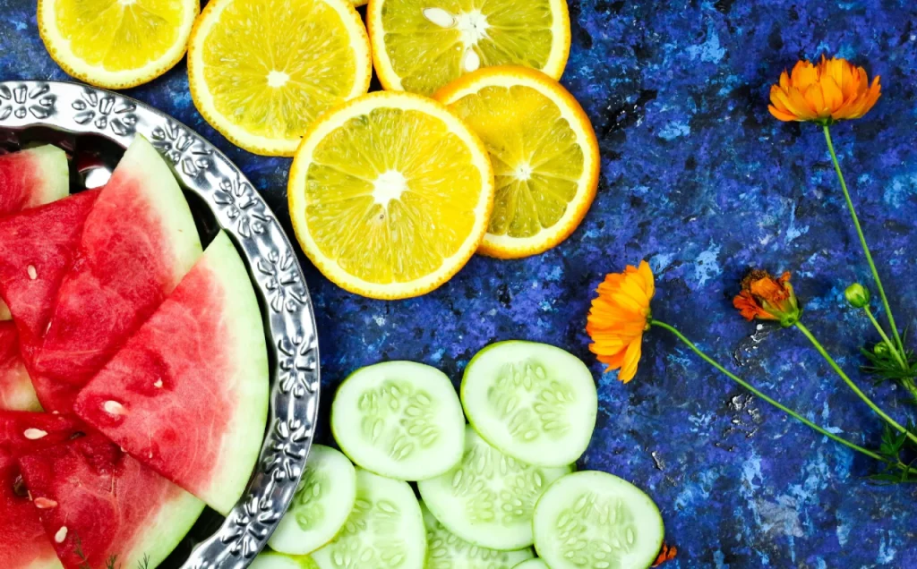 Frutas y verduras de temporada en verano ricas en agua y nutrientes.